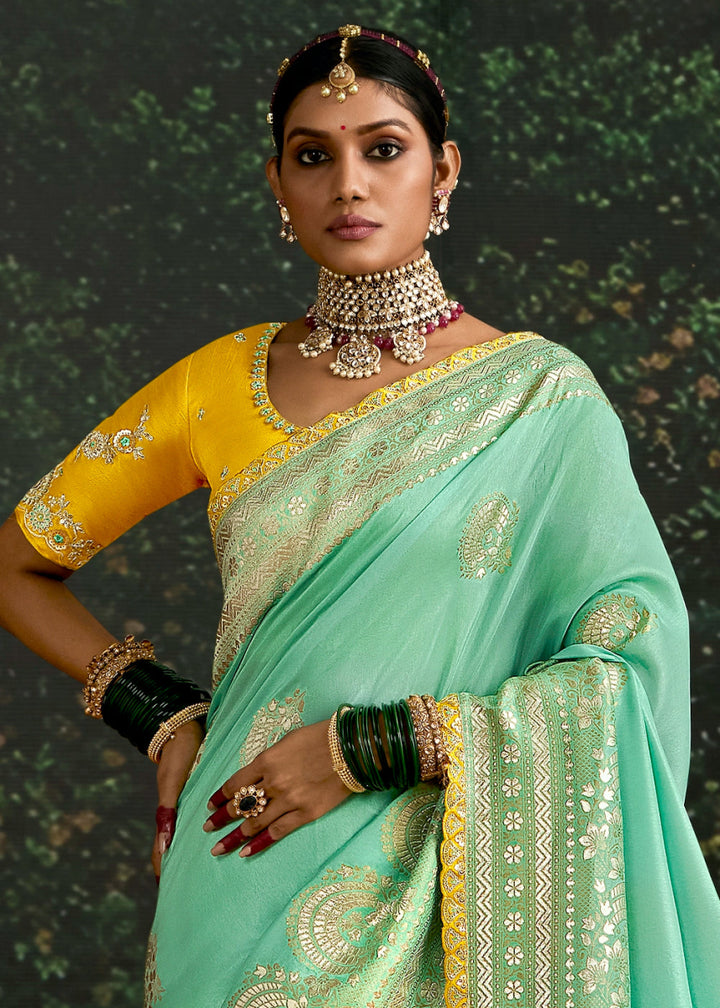 Aquamarine Blue Zari Woven Dola Silk Saree with Embroidery Detailing - House of Sarvati LLC