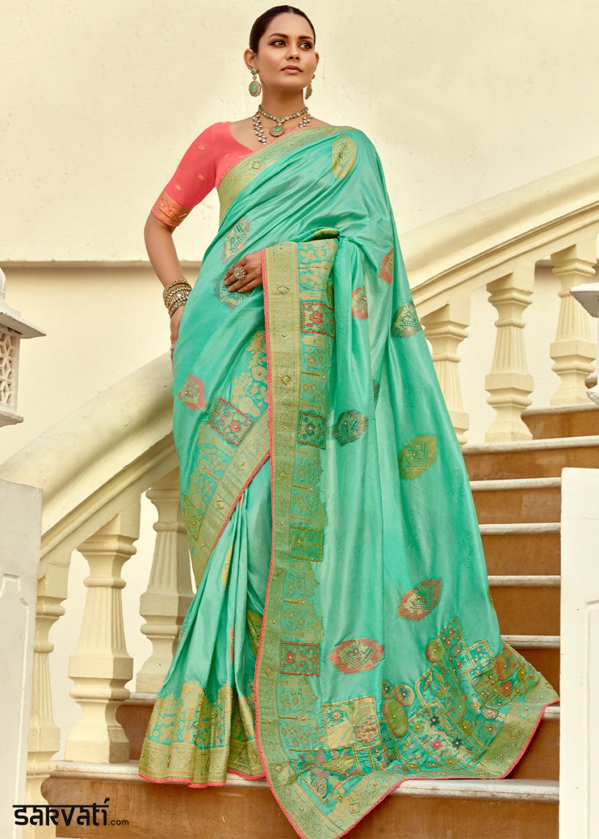 Aquamarine Green Dola Silk Saree Featuring Zari Weave And Intricate Handwork With Cut Dana - House of Sarvati LLC