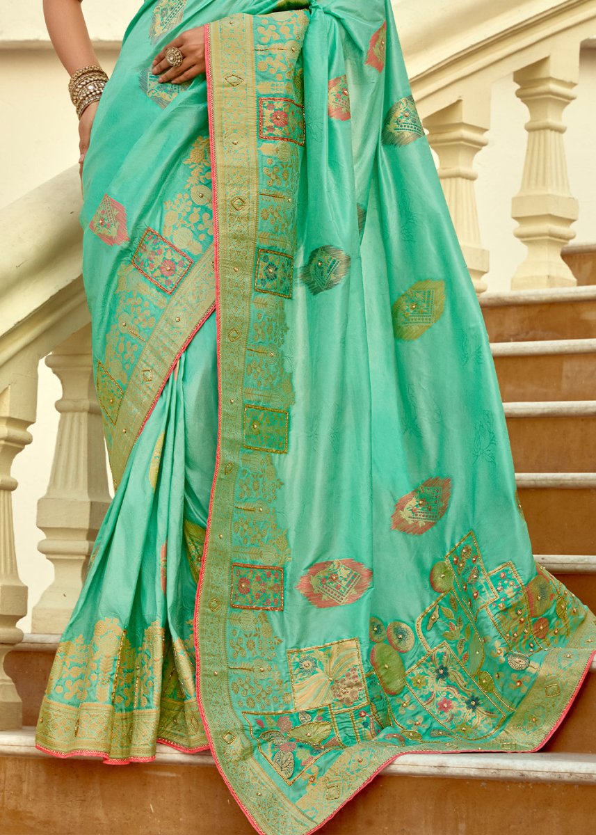 Aquamarine Green Dola Silk Saree Featuring Zari Weave And Intricate Handwork With Cut Dana - House of Sarvati LLC