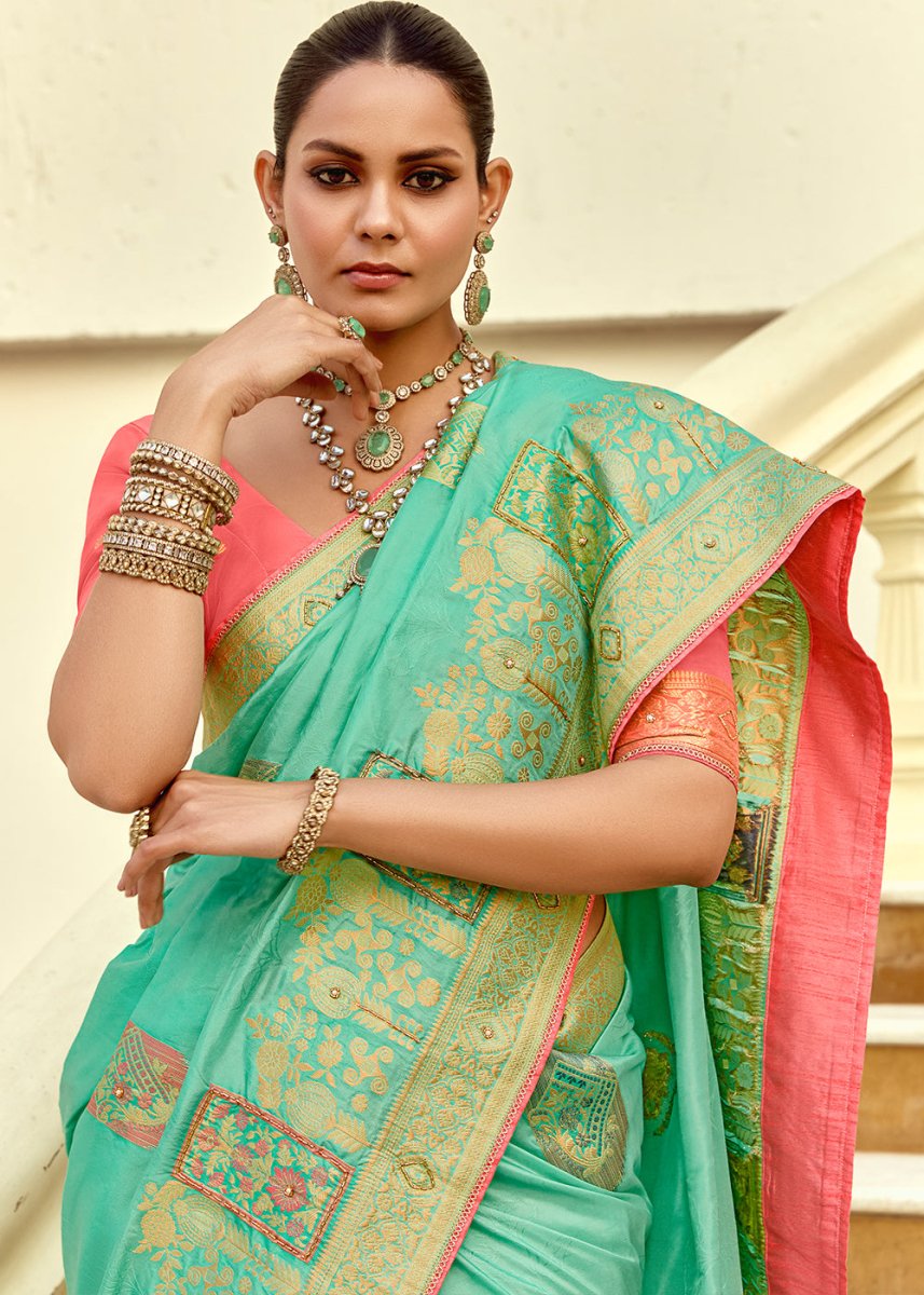Aquamarine Green Dola Silk Saree Featuring Zari Weave And Intricate Handwork With Cut Dana - House of Sarvati LLC