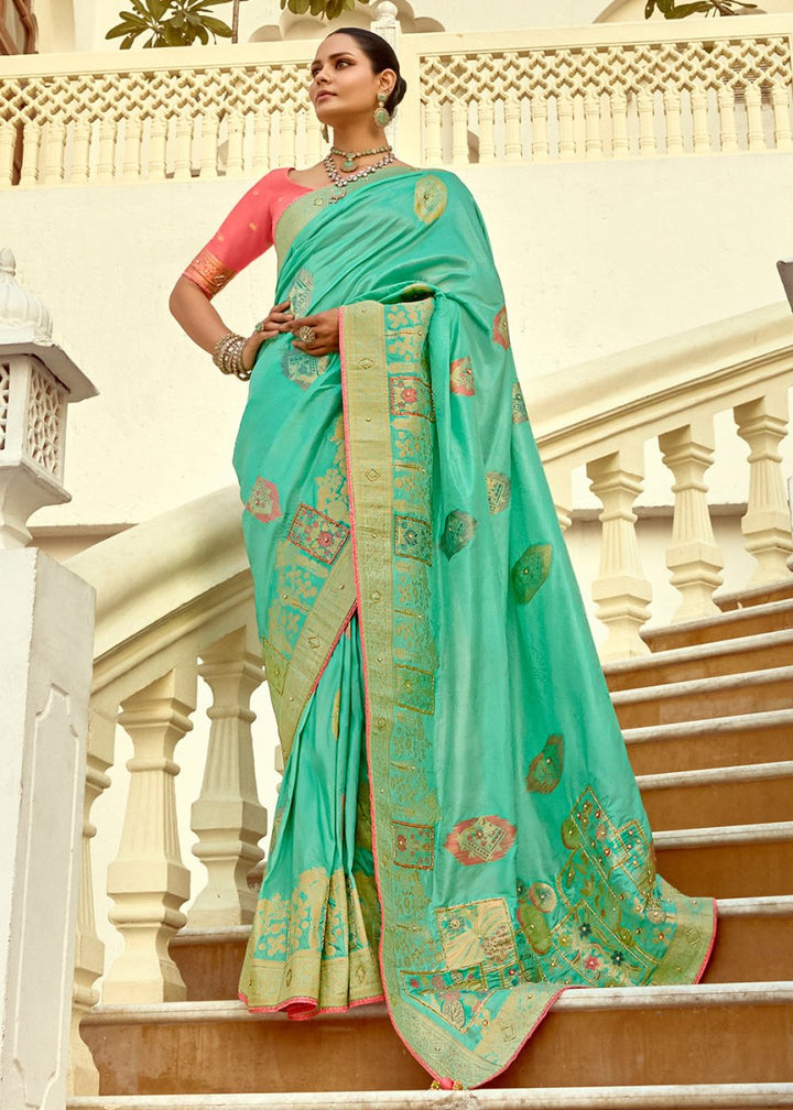 Aquamarine Green Dola Silk Saree Featuring Zari Weave And Intricate Handwork With Cut Dana - House of Sarvati LLC