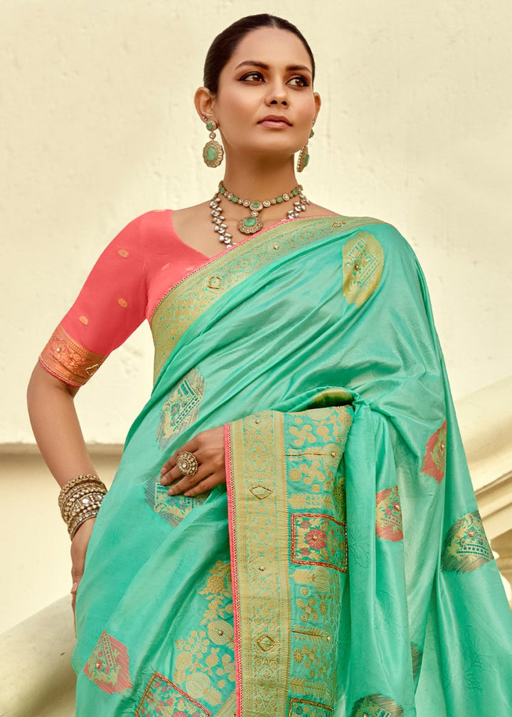 Aquamarine Green Dola Silk Saree Featuring Zari Weave And Intricate Handwork With Cut Dana - House of Sarvati LLC