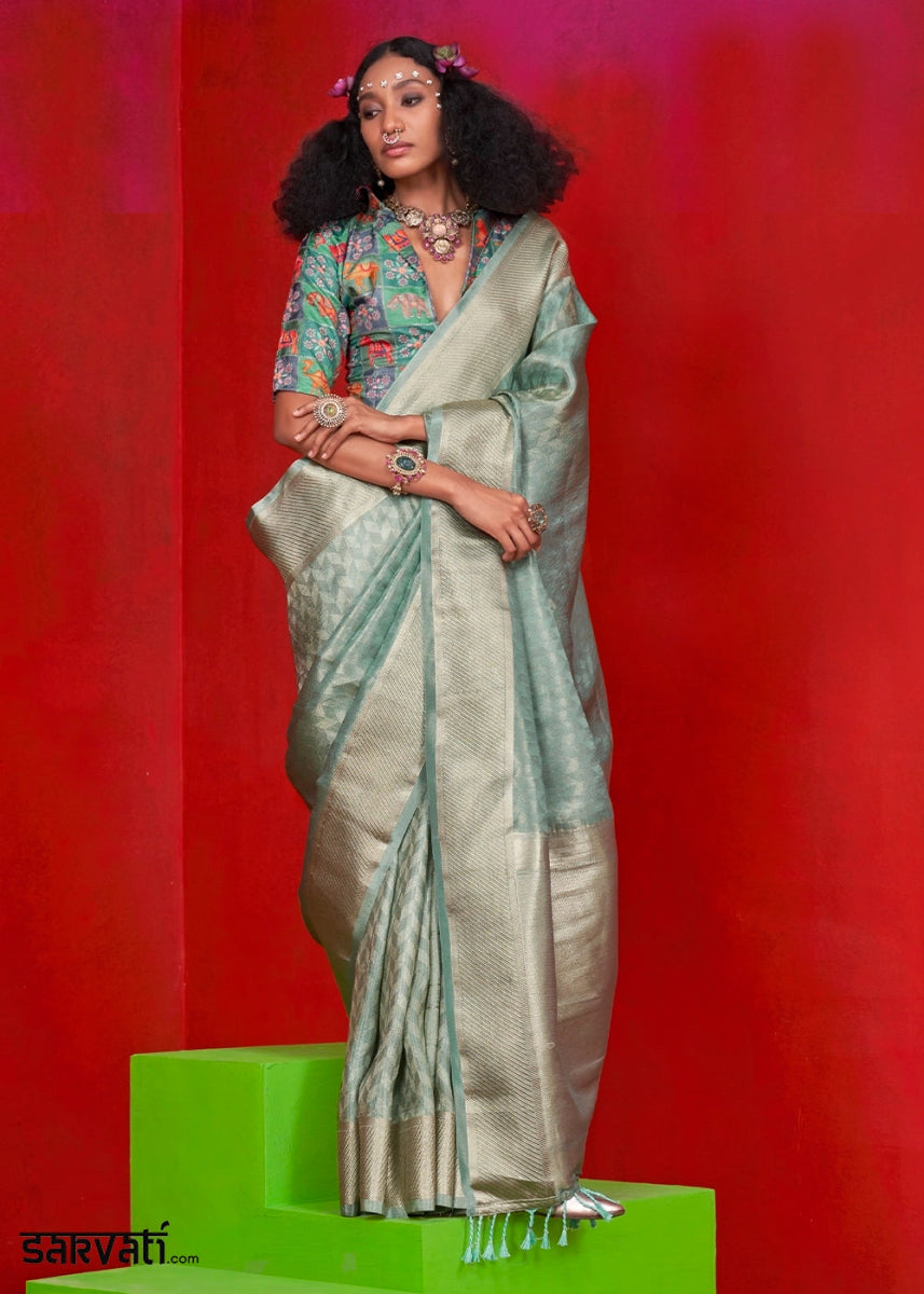 Aquamarine Green Handloom Tissue Silk Saree with Intricate Border Weaving - House of Sarvati LLC