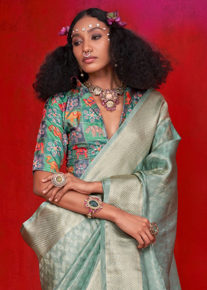 Aquamarine Green Handloom Tissue Silk Saree with Intricate Border Weaving - House of Sarvati LLC