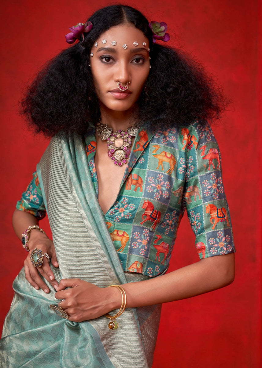 Aquamarine Green Handloom Tissue Silk Saree with Intricate Border Weaving - House of Sarvati LLC