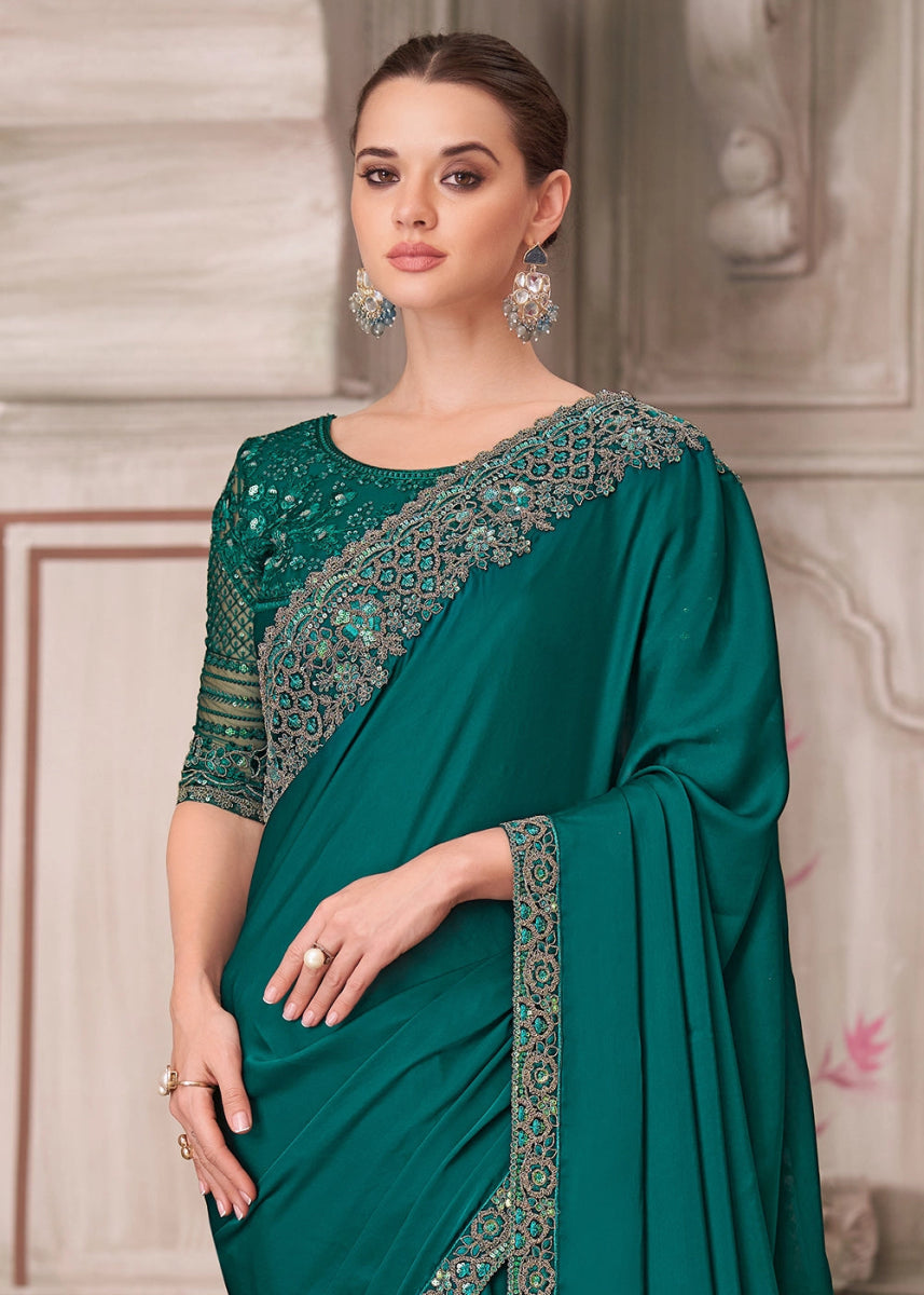 Arabian Green Satin Silk Saree With Detailed Embroidery And Luxe Appeal - House of Sarvati LLC