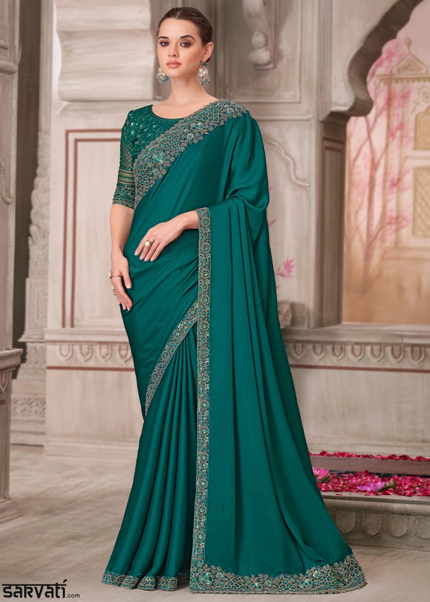 Arabian Green Satin Silk Saree With Detailed Embroidery And Luxe Appeal - House of Sarvati LLC