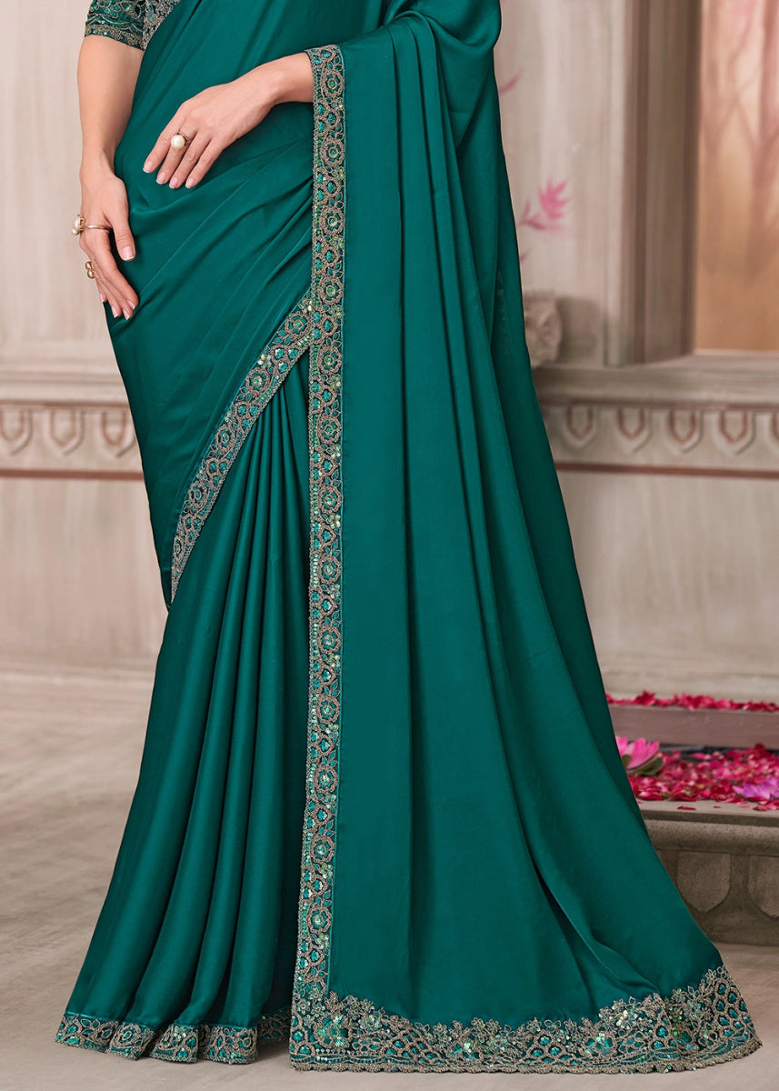 Arabian Green Satin Silk Saree With Detailed Embroidery And Luxe Appeal - House of Sarvati LLC