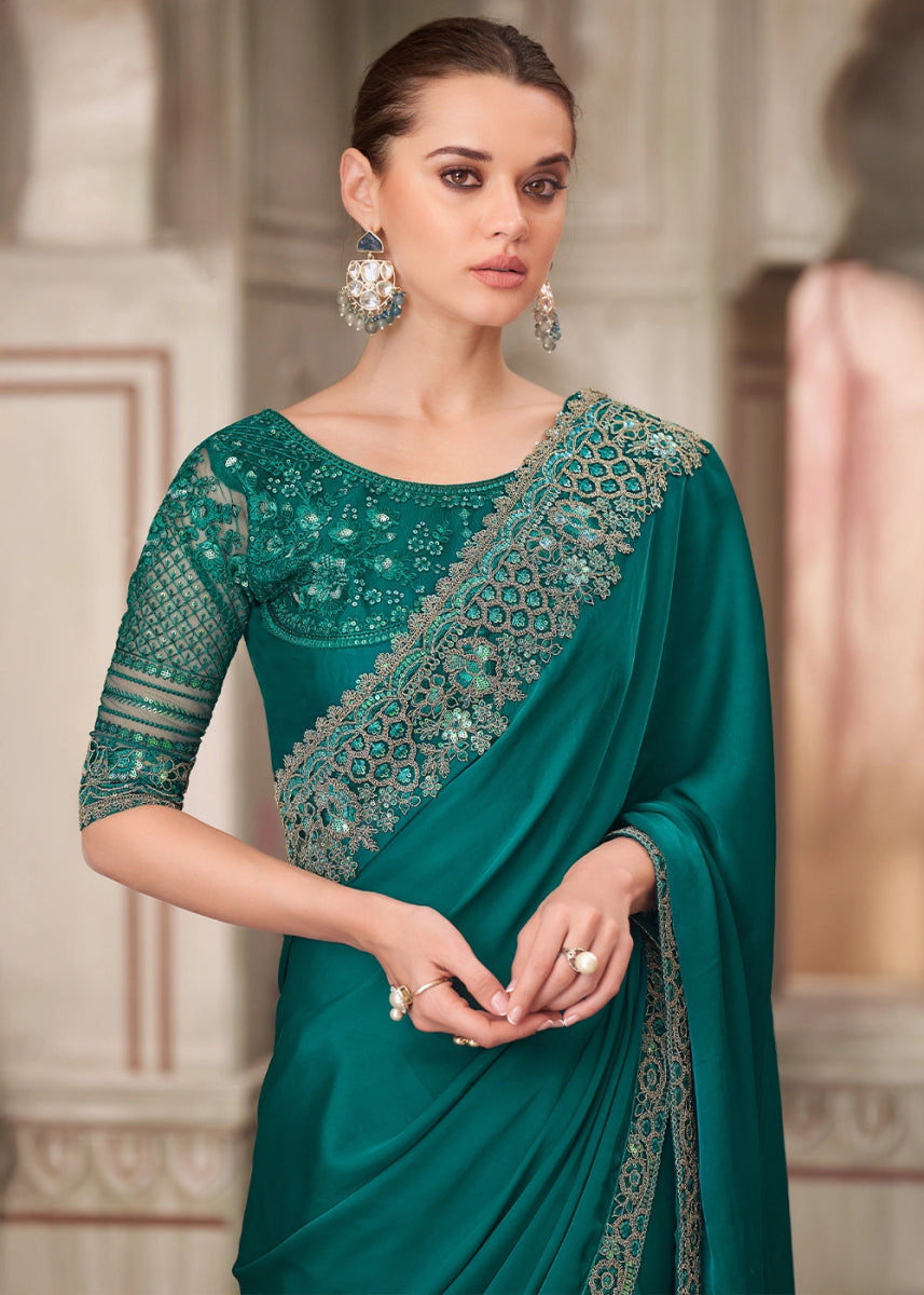 Arabian Green Satin Silk Saree With Detailed Embroidery And Luxe Appeal - House of Sarvati LLC
