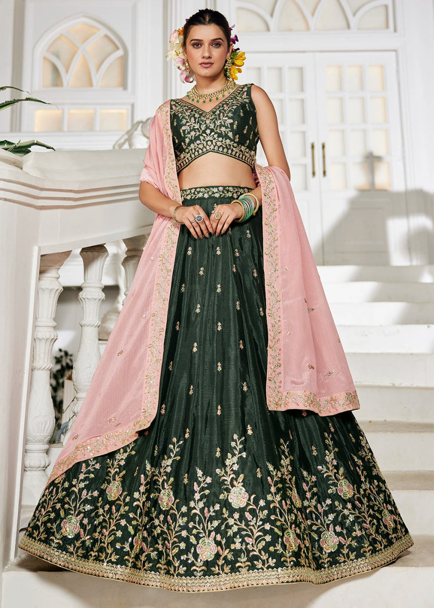 Army Green Lehenga Choli with Floral Sequin Detailing on Chiffon Silk - House of Sarvati LLC