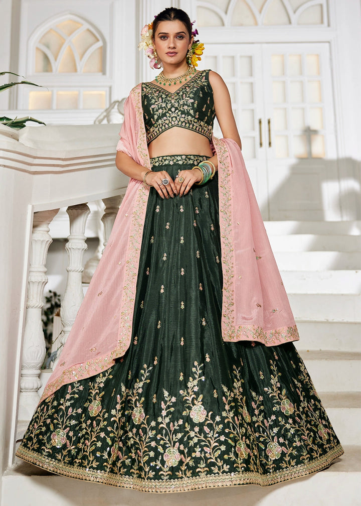 Army Green Lehenga Choli with Floral Sequin Detailing on Chiffon Silk - House of Sarvati LLC