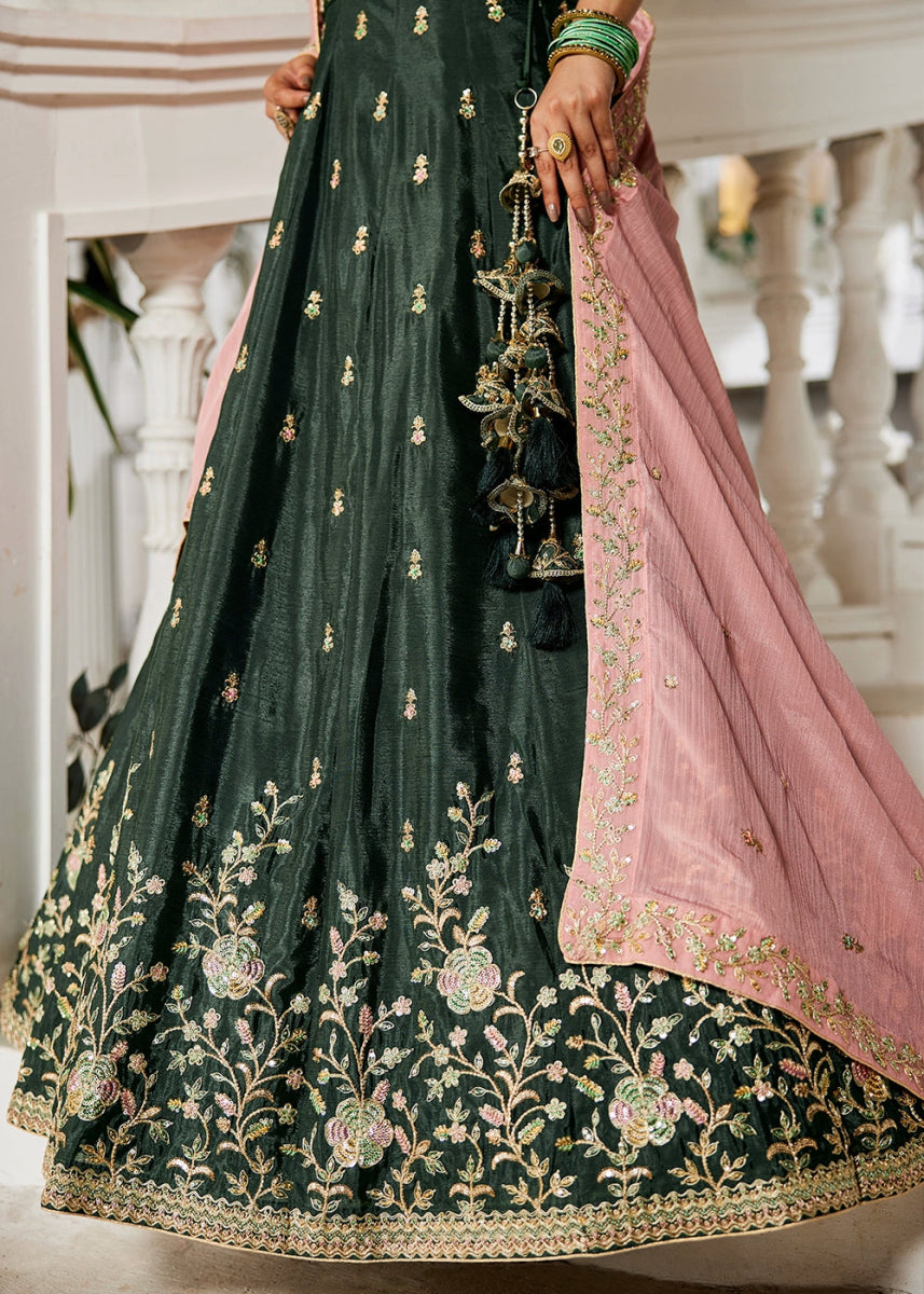Army Green Lehenga Choli with Floral Sequin Detailing on Chiffon Silk - House of Sarvati LLC