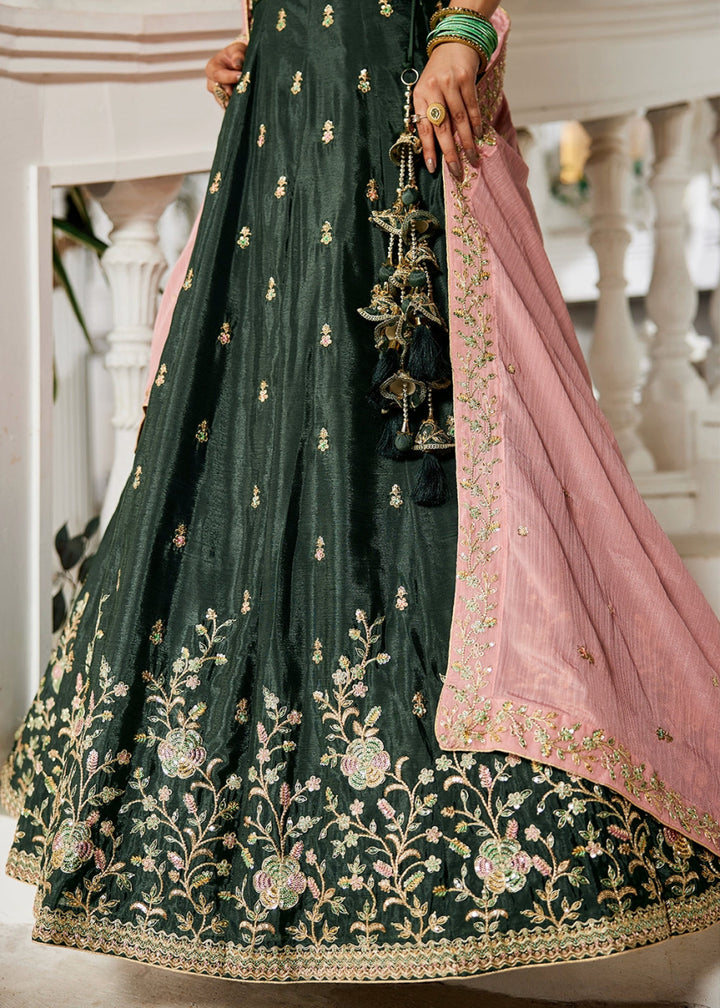 Army Green Lehenga Choli with Floral Sequin Detailing on Chiffon Silk - House of Sarvati LLC