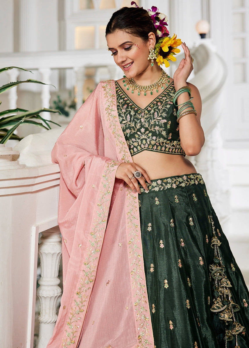 Army Green Lehenga Choli with Floral Sequin Detailing on Chiffon Silk - House of Sarvati LLC