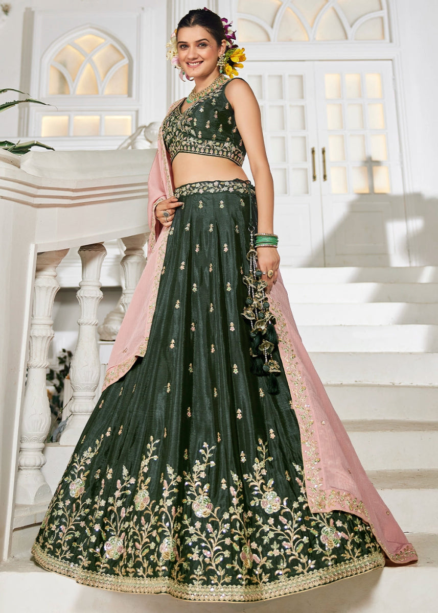 Army Green Lehenga Choli with Floral Sequin Detailing on Chiffon Silk - House of Sarvati LLC