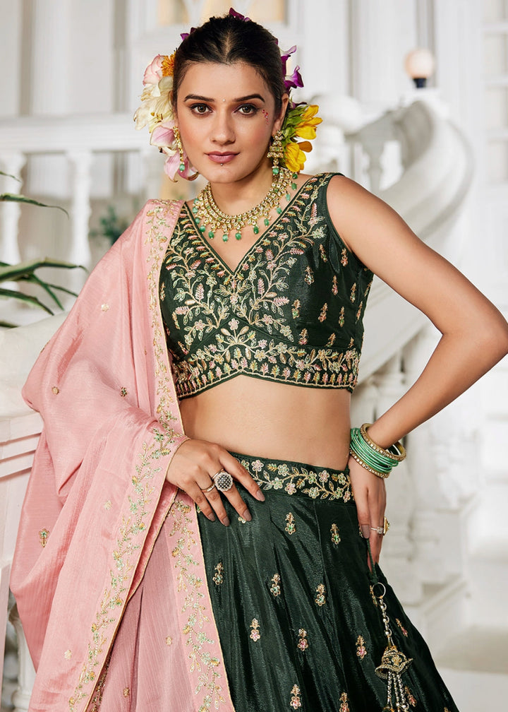 Army Green Lehenga Choli with Floral Sequin Detailing on Chiffon Silk - House of Sarvati LLC
