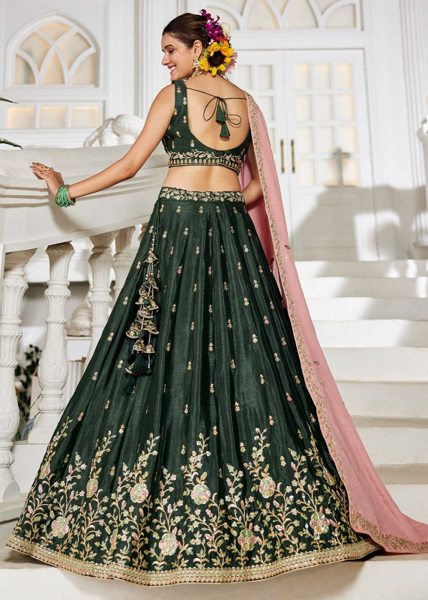 Army Green Lehenga Choli with Floral Sequin Detailing on Chiffon Silk - House of Sarvati LLC