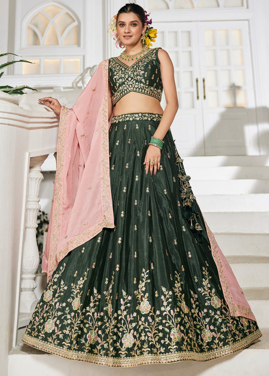 Army Green Lehenga Choli with Floral Sequin Detailing on Chiffon Silk - House of Sarvati LLC