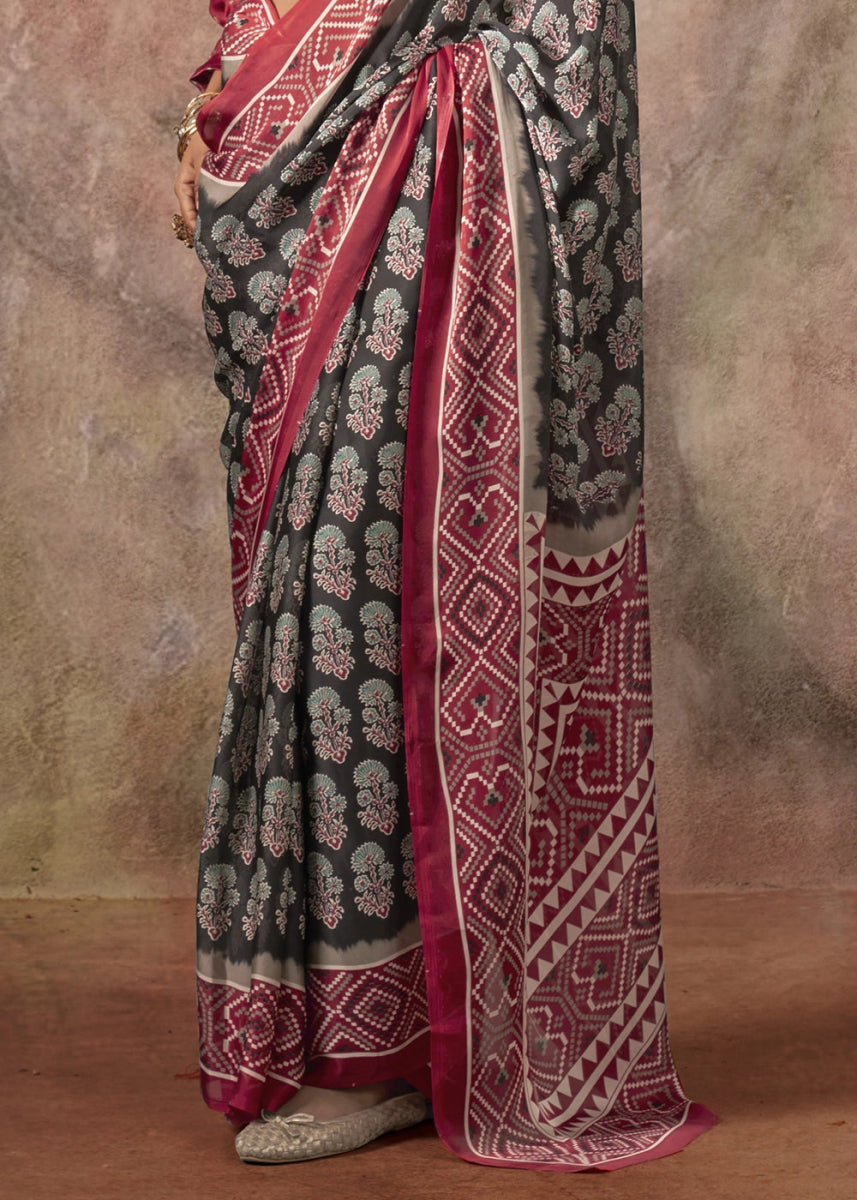 Ash Black Printed Satin Georgette Saree with Ajrakh & Bandhani Patterns - House of Sarvati LLC