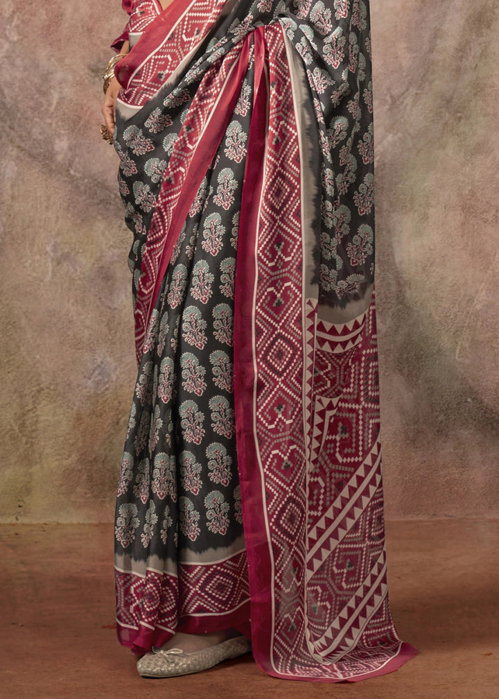 Ash Black Printed Satin Georgette Saree with Ajrakh & Bandhani Patterns - House of Sarvati LLC