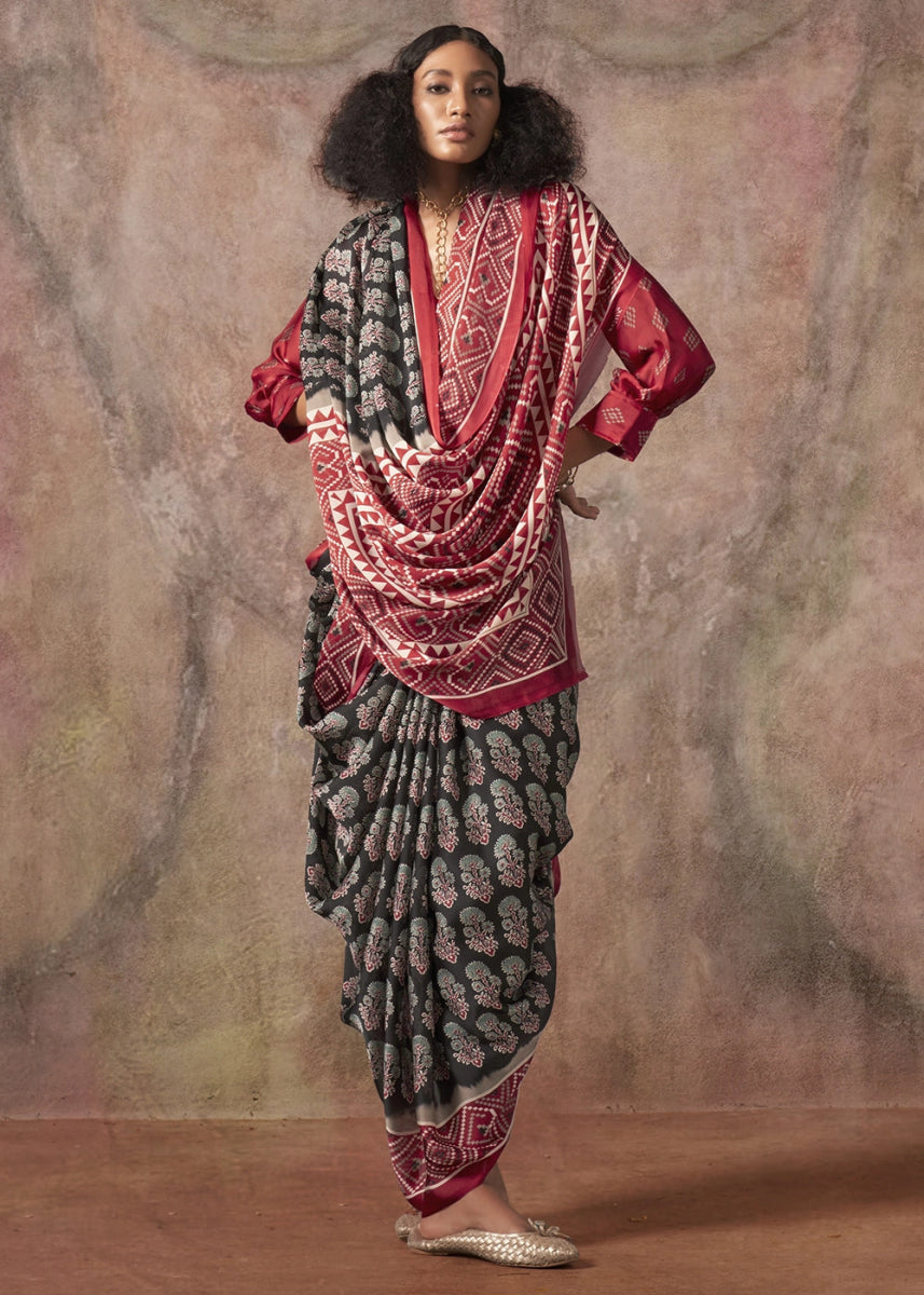 Ash Black Printed Satin Georgette Saree with Ajrakh & Bandhani Patterns - House of Sarvati LLC