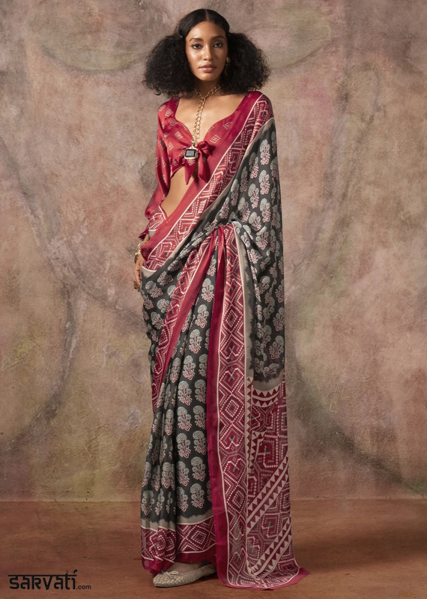 Ash Black Printed Satin Georgette Saree with Ajrakh & Bandhani Patterns - House of Sarvati LLC