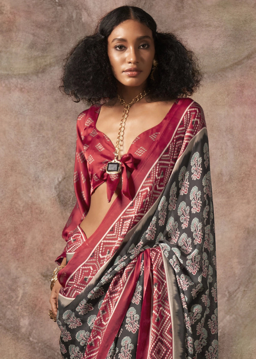 Ash Black Printed Satin Georgette Saree with Ajrakh & Bandhani Patterns - House of Sarvati LLC