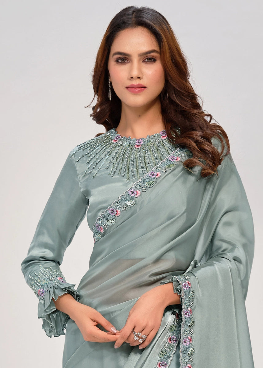 Ash Grey Crepe Satin Silk Saree with Handcrafted Multi - Hued Sequins - House of Sarvati LLC