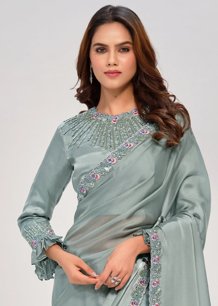 Ash Grey Crepe Satin Silk Saree with Handcrafted Multi - Hued Sequins - House of Sarvati LLC