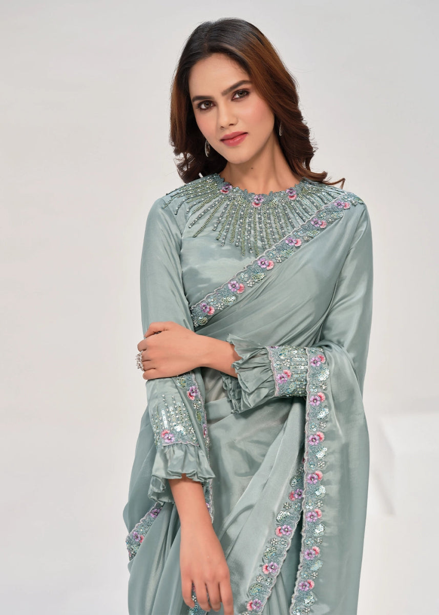 Ash Grey Crepe Satin Silk Saree with Handcrafted Multi - Hued Sequins - House of Sarvati LLC