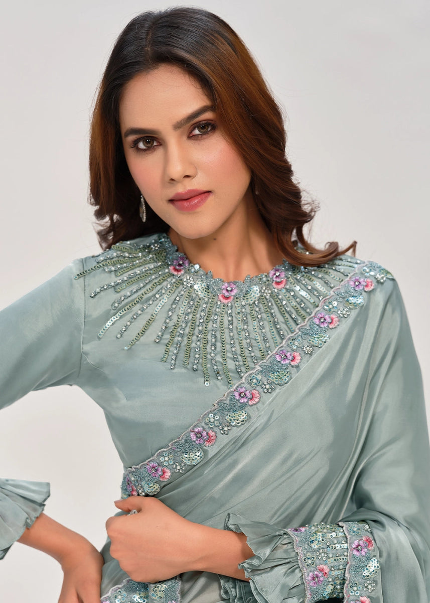 Ash Grey Crepe Satin Silk Saree with Handcrafted Multi - Hued Sequins - House of Sarvati LLC