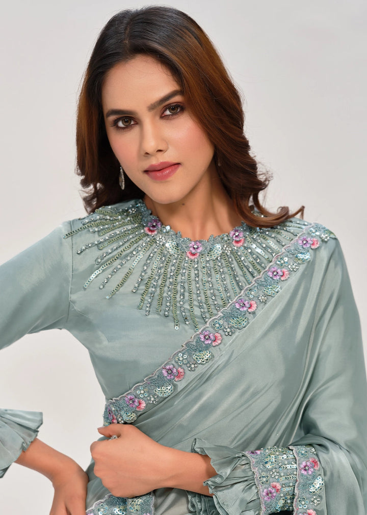 Ash Grey Crepe Satin Silk Saree with Handcrafted Multi - Hued Sequins - House of Sarvati LLC