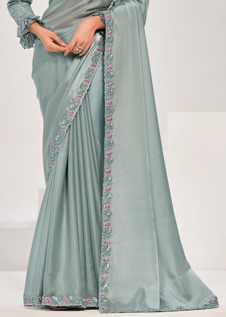 Ash Grey Crepe Satin Silk Saree with Handcrafted Multi - Hued Sequins - House of Sarvati LLC