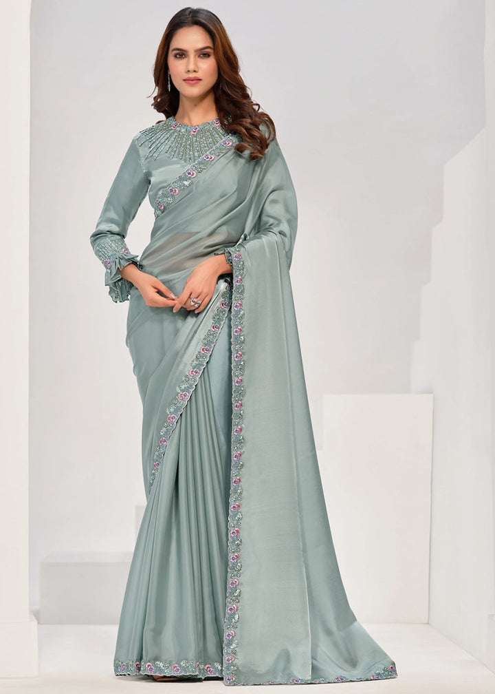 Ash Grey Crepe Satin Silk Saree with Handcrafted Multi - Hued Sequins - House of Sarvati LLC