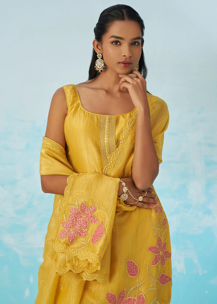 Auerolin Yellow Crush Organza Salwar Suit with Light Embroidery - House of Sarvati LLC