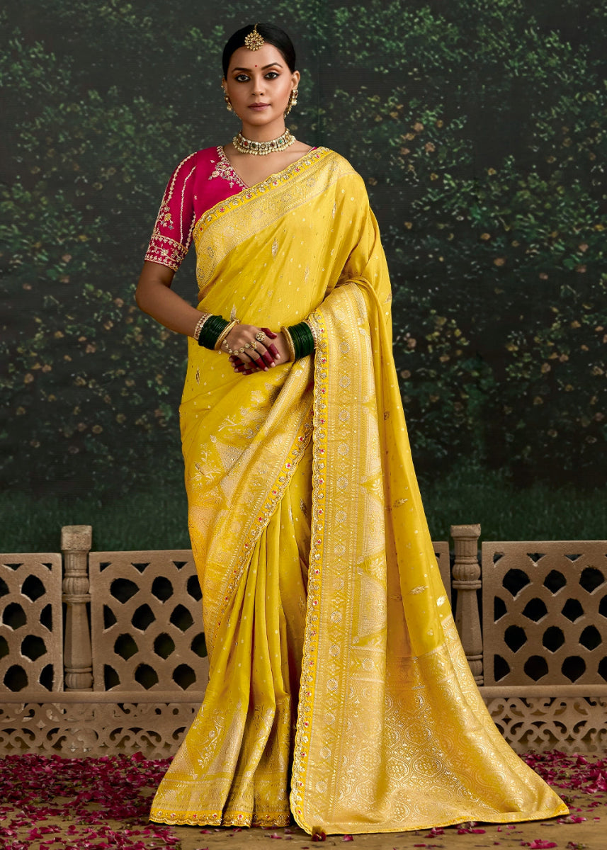 Auerolin Yellow Zari Woven Dola Silk Saree with Embroidery Detailing - House of Sarvati LLC