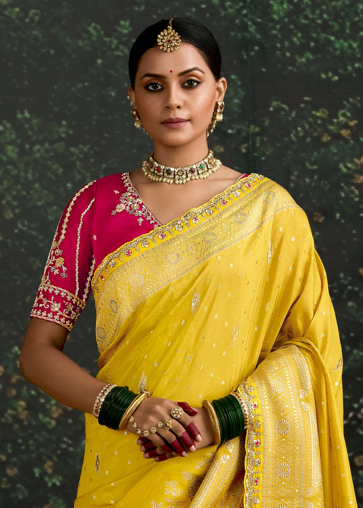 Auerolin Yellow Zari Woven Dola Silk Saree with Embroidery Detailing - House of Sarvati LLC
