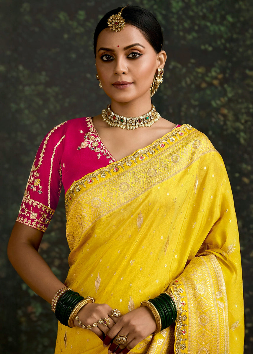 Auerolin Yellow Zari Woven Dola Silk Saree with Embroidery Detailing - House of Sarvati LLC