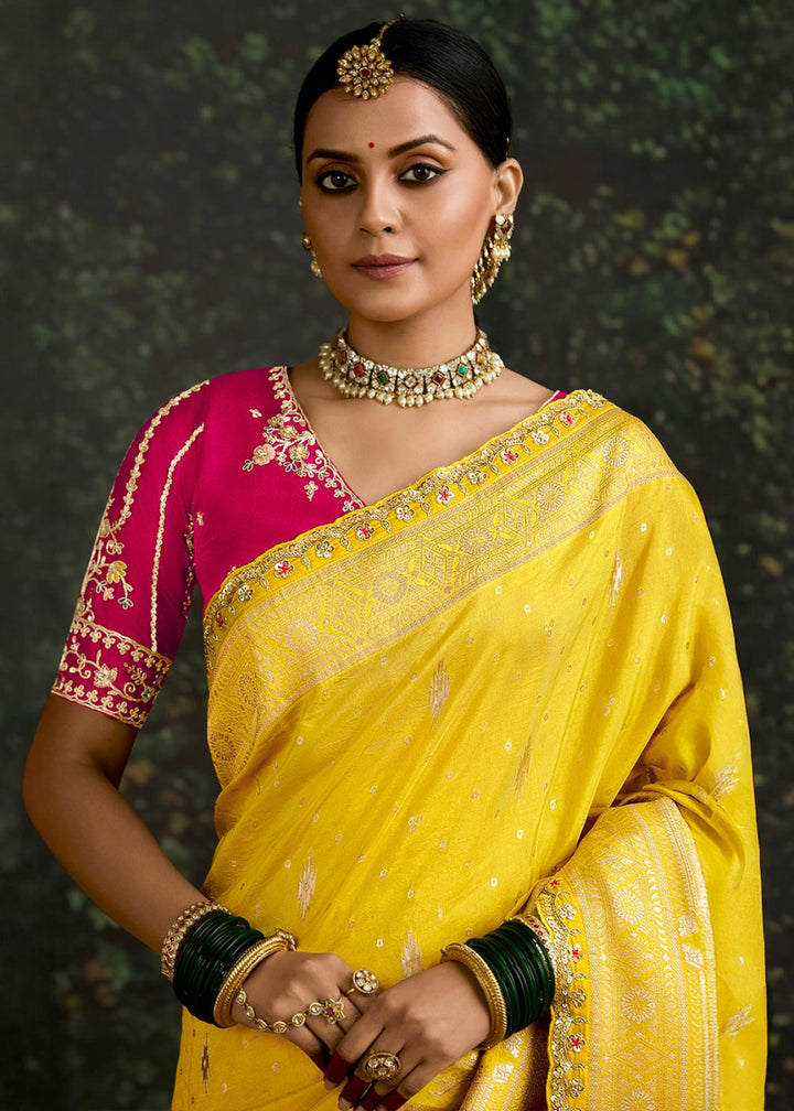 Auerolin Yellow Zari Woven Dola Silk Saree with Embroidery Detailing - House of Sarvati LLC