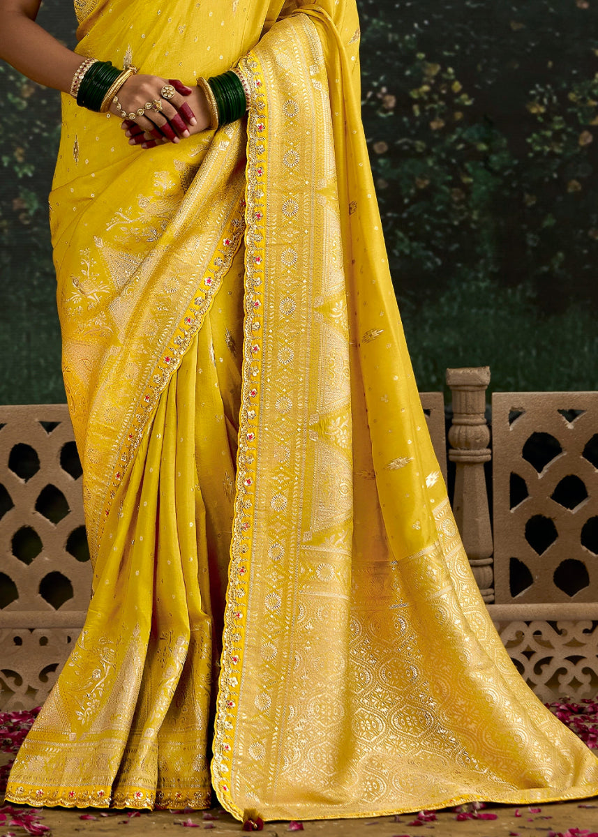 Auerolin Yellow Zari Woven Dola Silk Saree with Embroidery Detailing - House of Sarvati LLC