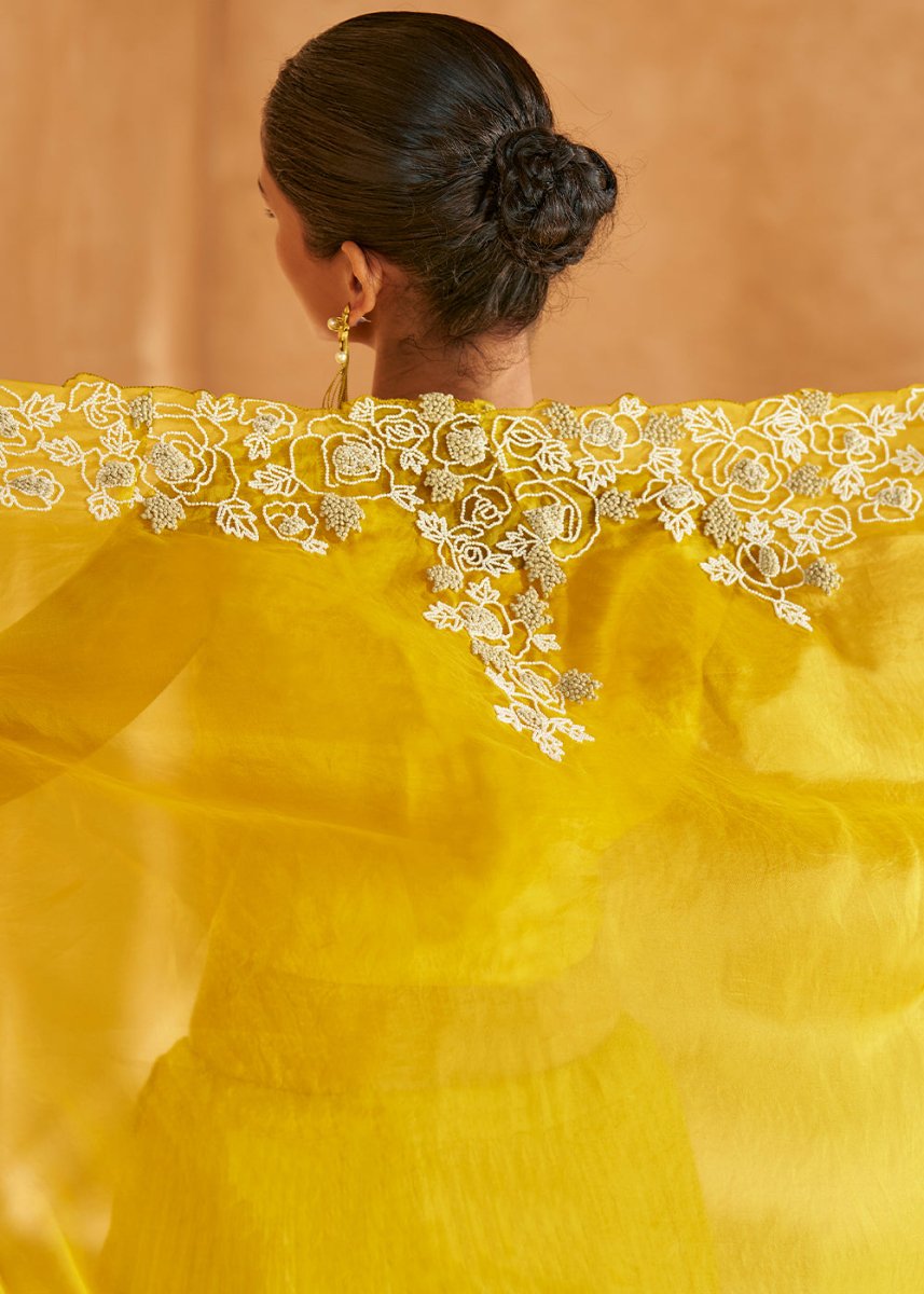 Aureolin Yellow Chinon Silk Top & Skirt Set with Elegant Embroidered Jacket - House of Sarvati LLC