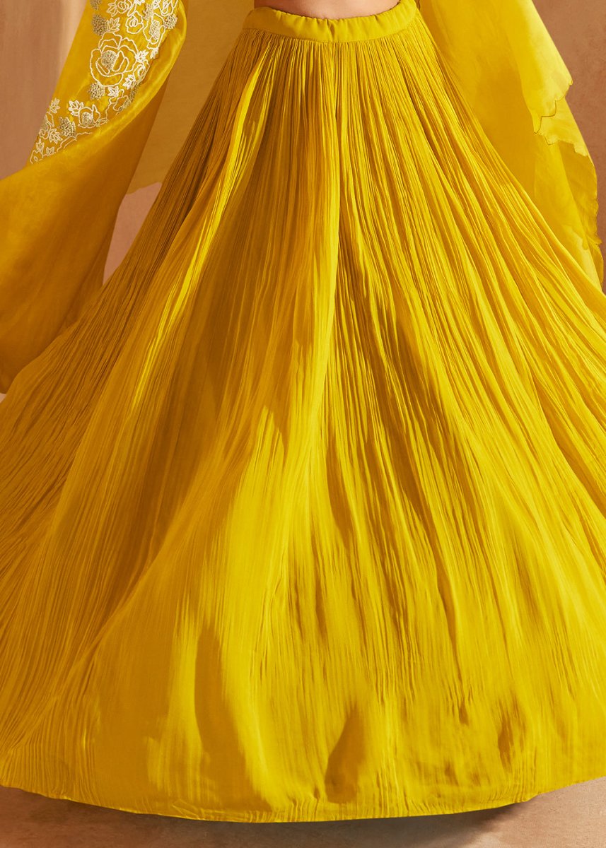 Aureolin Yellow Chinon Silk Top & Skirt Set with Elegant Embroidered Jacket - House of Sarvati LLC
