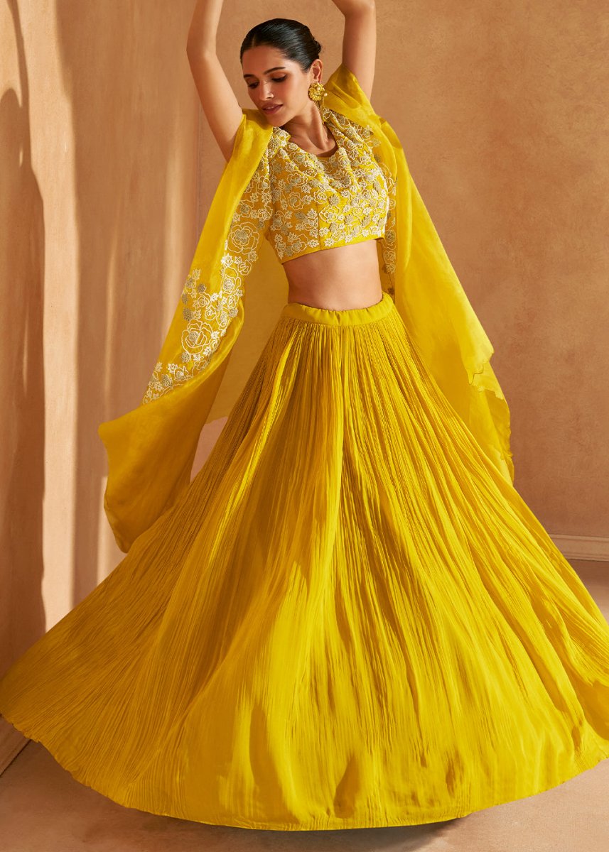 Aureolin Yellow Chinon Silk Top & Skirt Set with Elegant Embroidered Jacket - House of Sarvati LLC