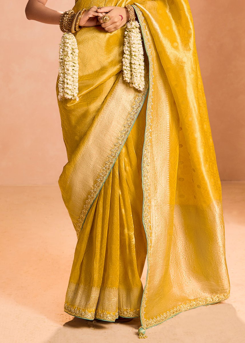 Aureolin Yellow Designer Tissue Silk Saree with Zari & Embroidered Blouse - House of Sarvati LLC