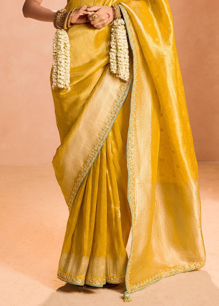 Aureolin Yellow Designer Tissue Silk Saree with Zari & Embroidered Blouse - House of Sarvati LLC