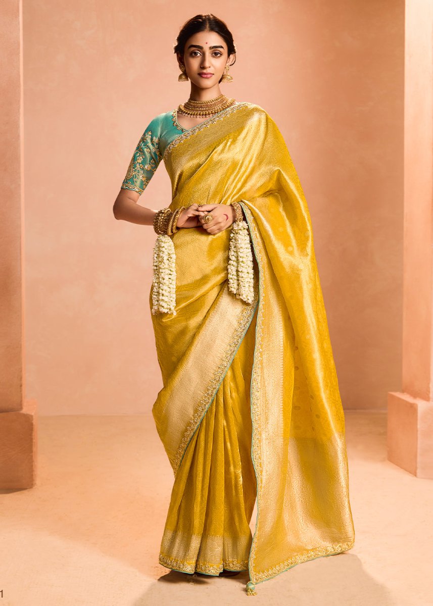 Aureolin Yellow Designer Tissue Silk Saree with Zari & Embroidered Blouse - House of Sarvati LLC