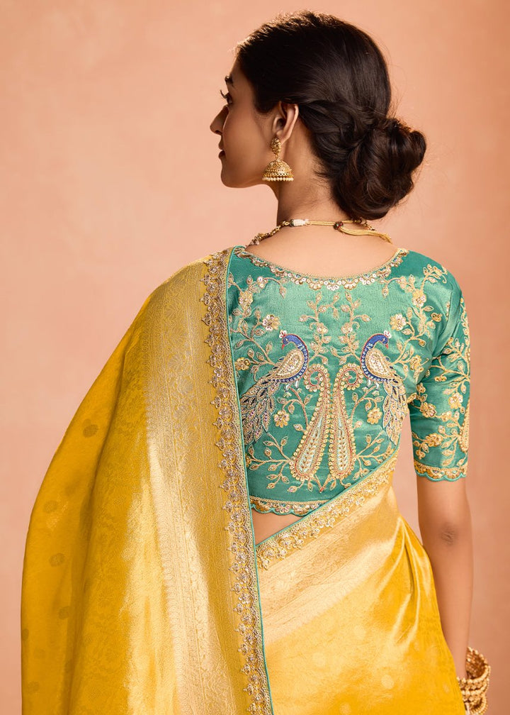 Aureolin Yellow Designer Tissue Silk Saree with Zari & Embroidered Blouse - House of Sarvati LLC