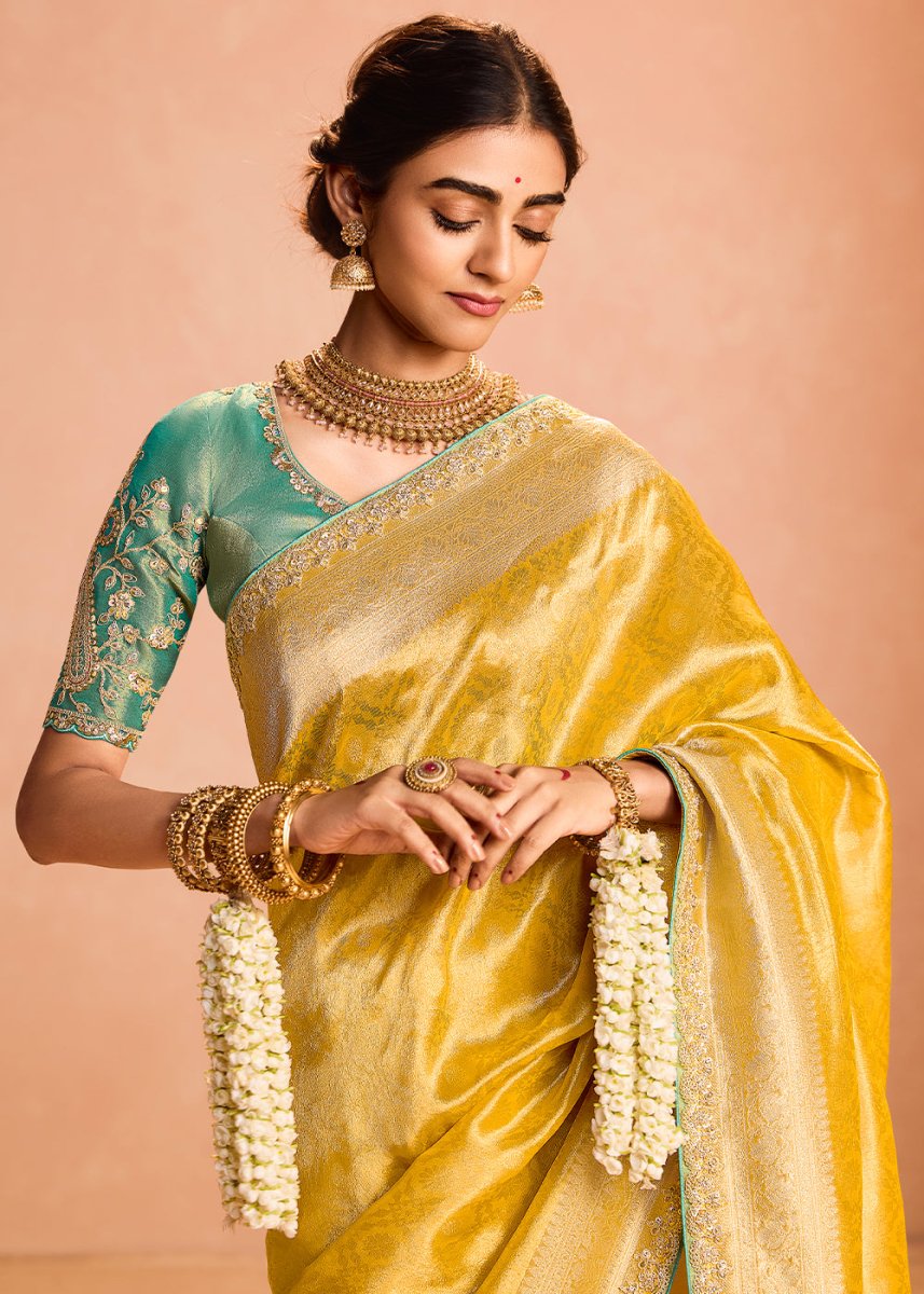 Aureolin Yellow Designer Tissue Silk Saree with Zari & Embroidered Blouse - House of Sarvati LLC