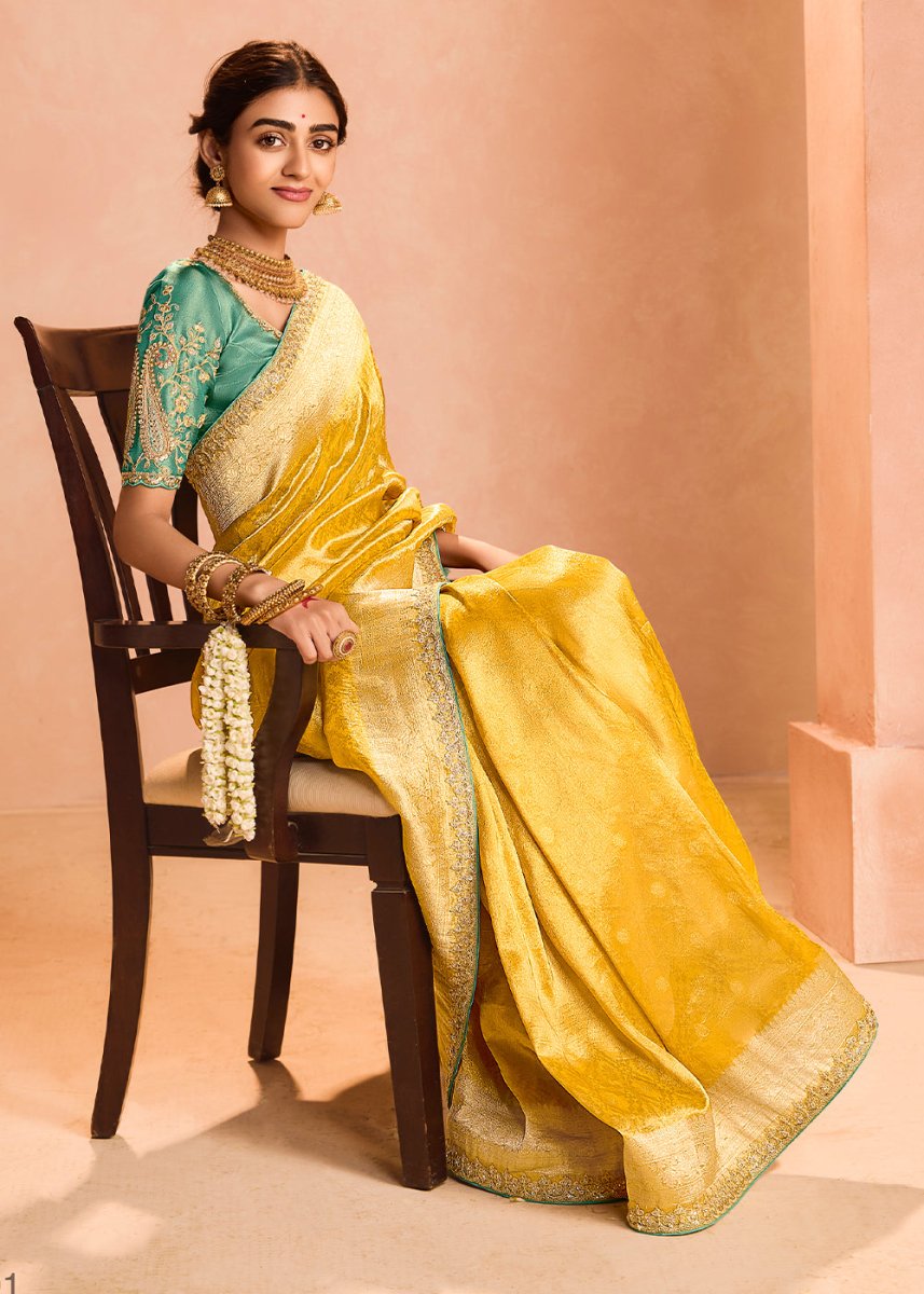 Aureolin Yellow Designer Tissue Silk Saree with Zari & Embroidered Blouse - House of Sarvati LLC