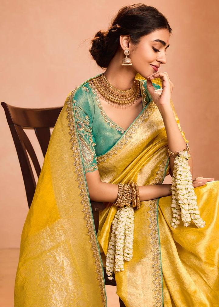 Aureolin Yellow Designer Tissue Silk Saree with Zari & Embroidered Blouse - House of Sarvati LLC